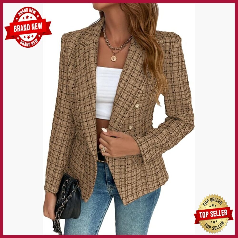 Petite Tweed Blazer Double Breasted Fully Lined Work Casual Jacket with Pockets